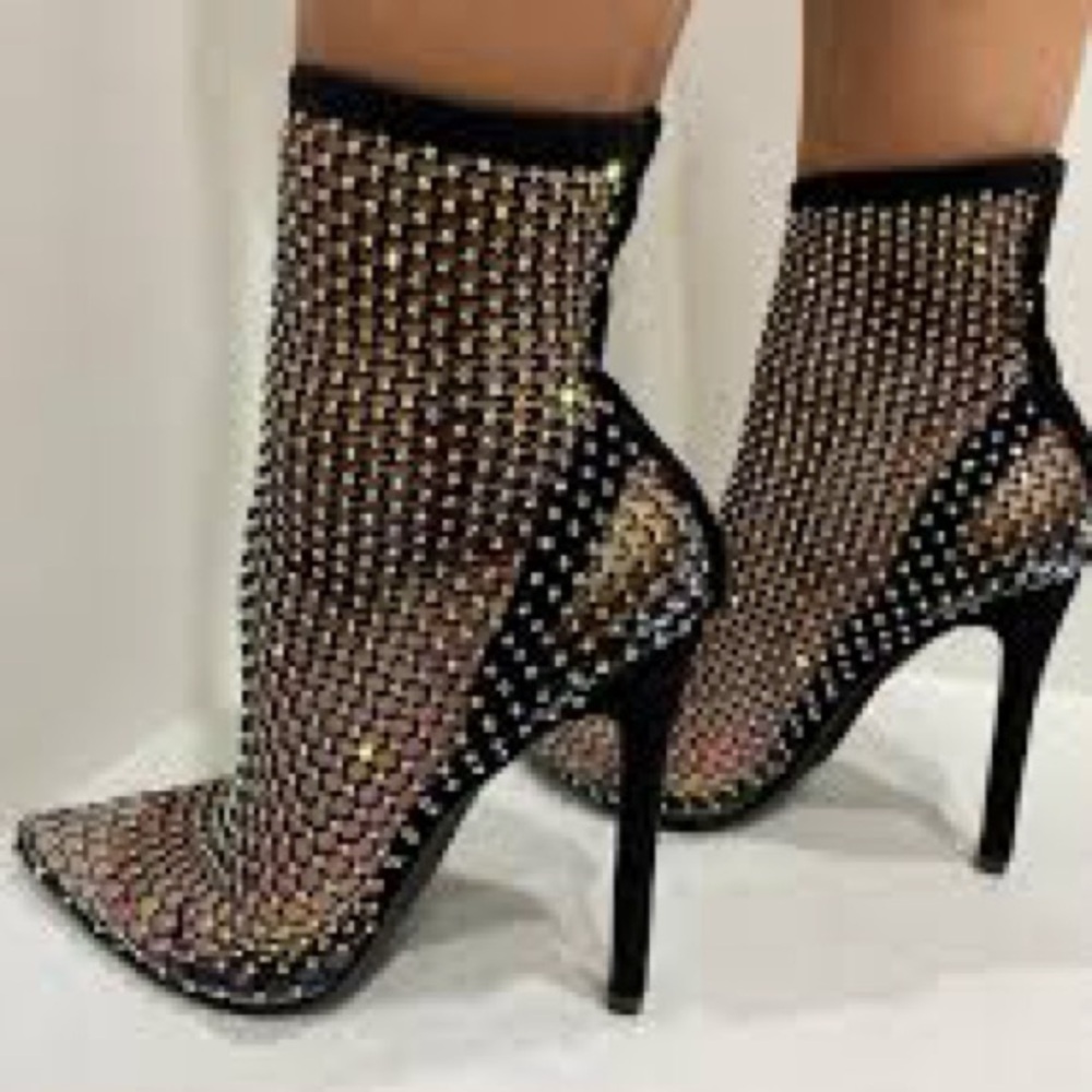 NEW,Crystal Rhinestone Mesh Stretch Fabric Sock Boots w/VELVET Heel, size 39/8